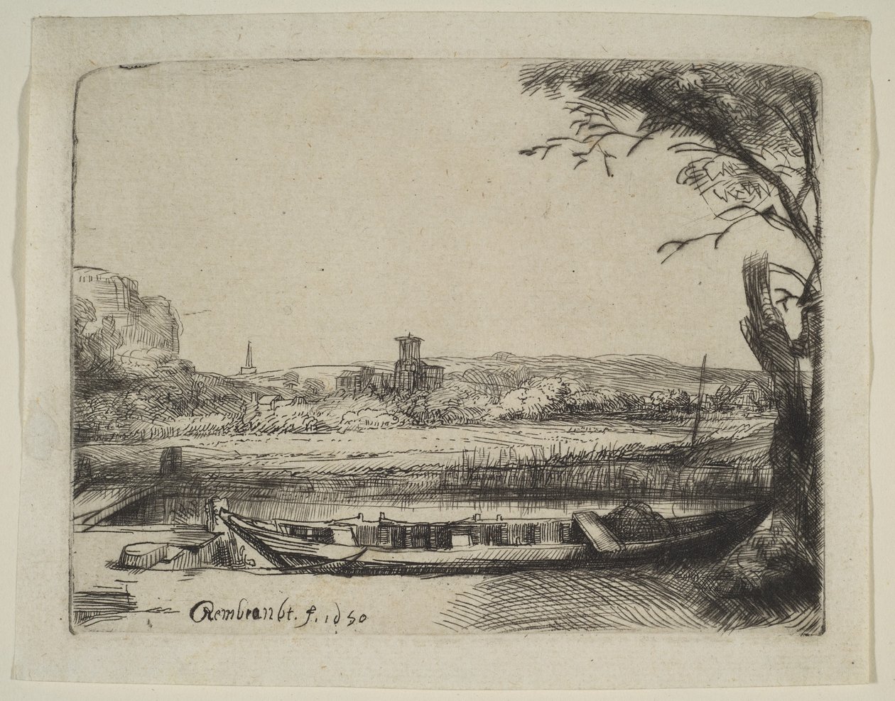 Kanał z dużą łodzią i mostem, 1650. autorstwa Rembrandt van Rijn