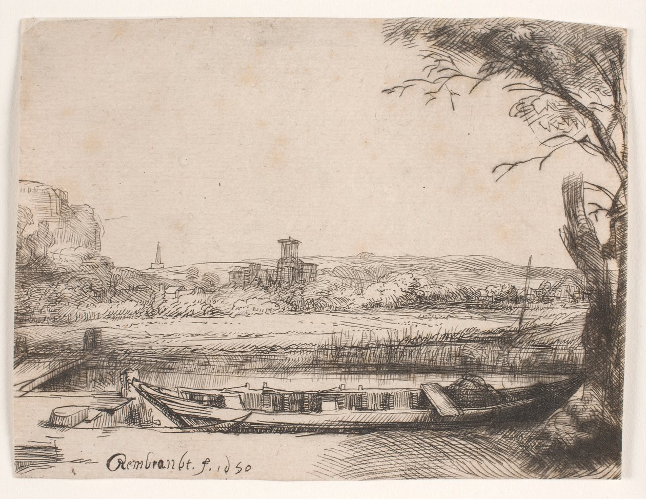 Kanał z dużą łodzią i mostem autorstwa Rembrandt van Rijn