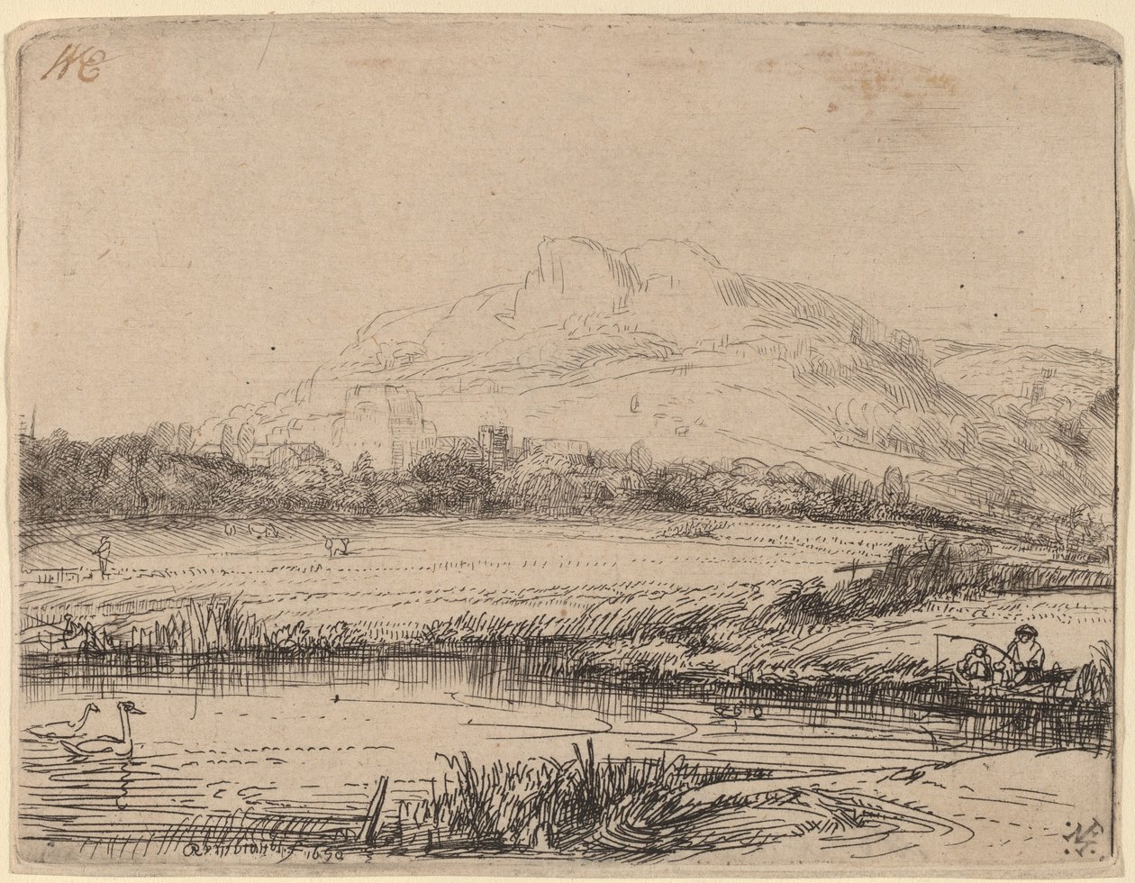 Kanał z wędkarzem i dwoma łabędziami autorstwa Rembrandt van Rijn