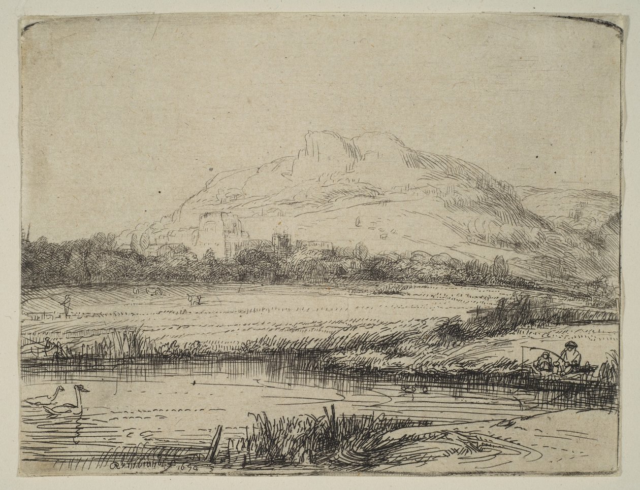 Kanał z wędkarzem i dwoma łabędziami, 1650. autorstwa Rembrandt van Rijn