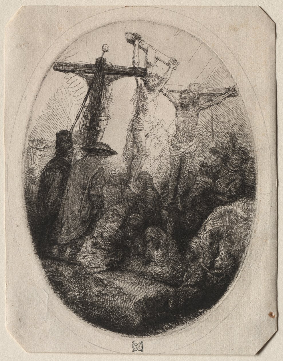 Chrystus ukrzyżowany między dwoma złodziejami: owalny talerz autorstwa Rembrandt van Rijn