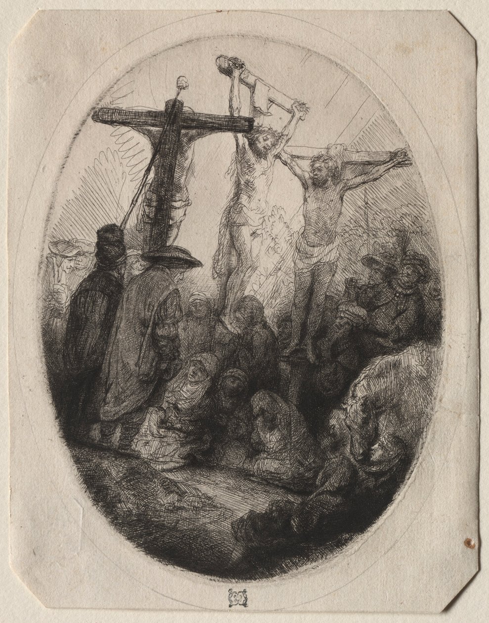 Chrystus ukrzyżowany między dwoma złodziejami: owalna płyta, c. 1641. autorstwa Rembrandt van Rijn