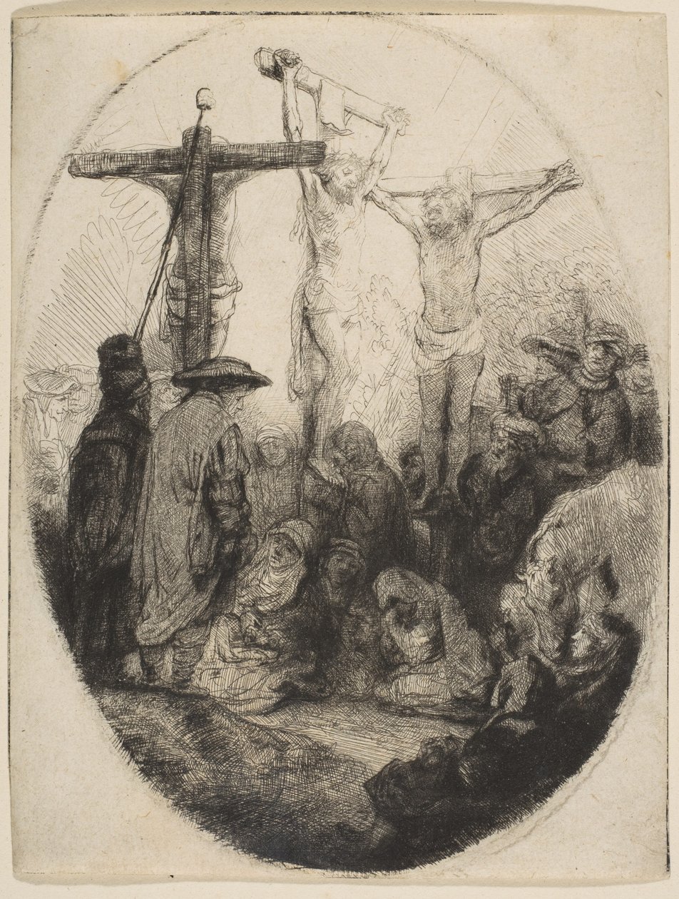 Chrystus ukrzyżowany między dwoma złodziejami, talerz owalny, ca. 1641. autorstwa Rembrandt van Rijn