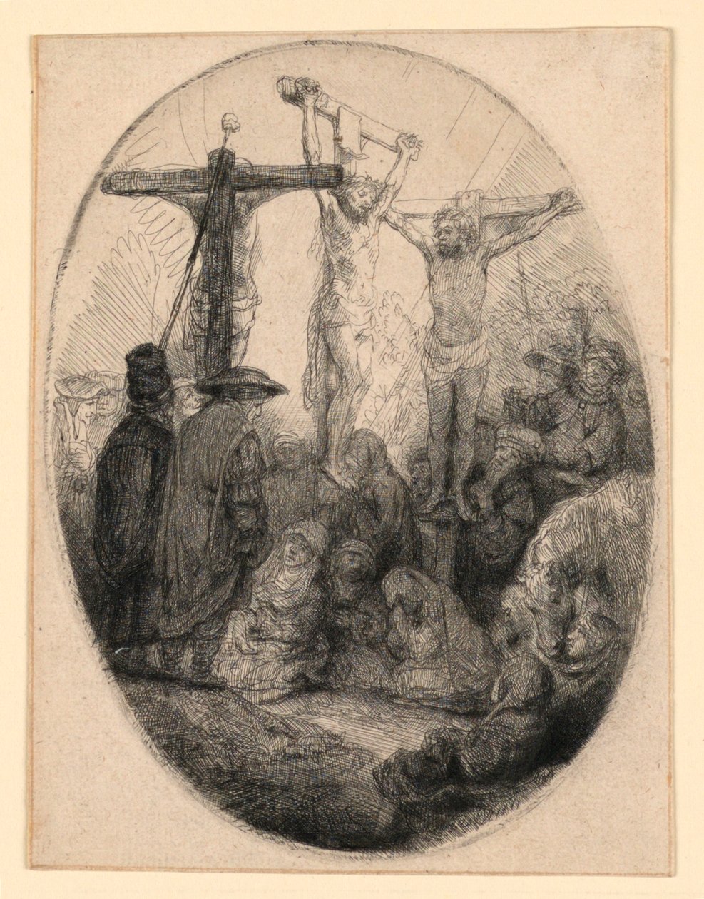 Chrystus ukrzyżowany między dwoma złodziejami: owalny talerz autorstwa Rembrandt van Rijn