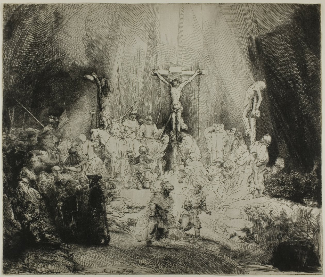 Chrystus ukrzyżowany między dwoma złodziejami: „Trzy krzyże” autorstwa Rembrandt van Rijn