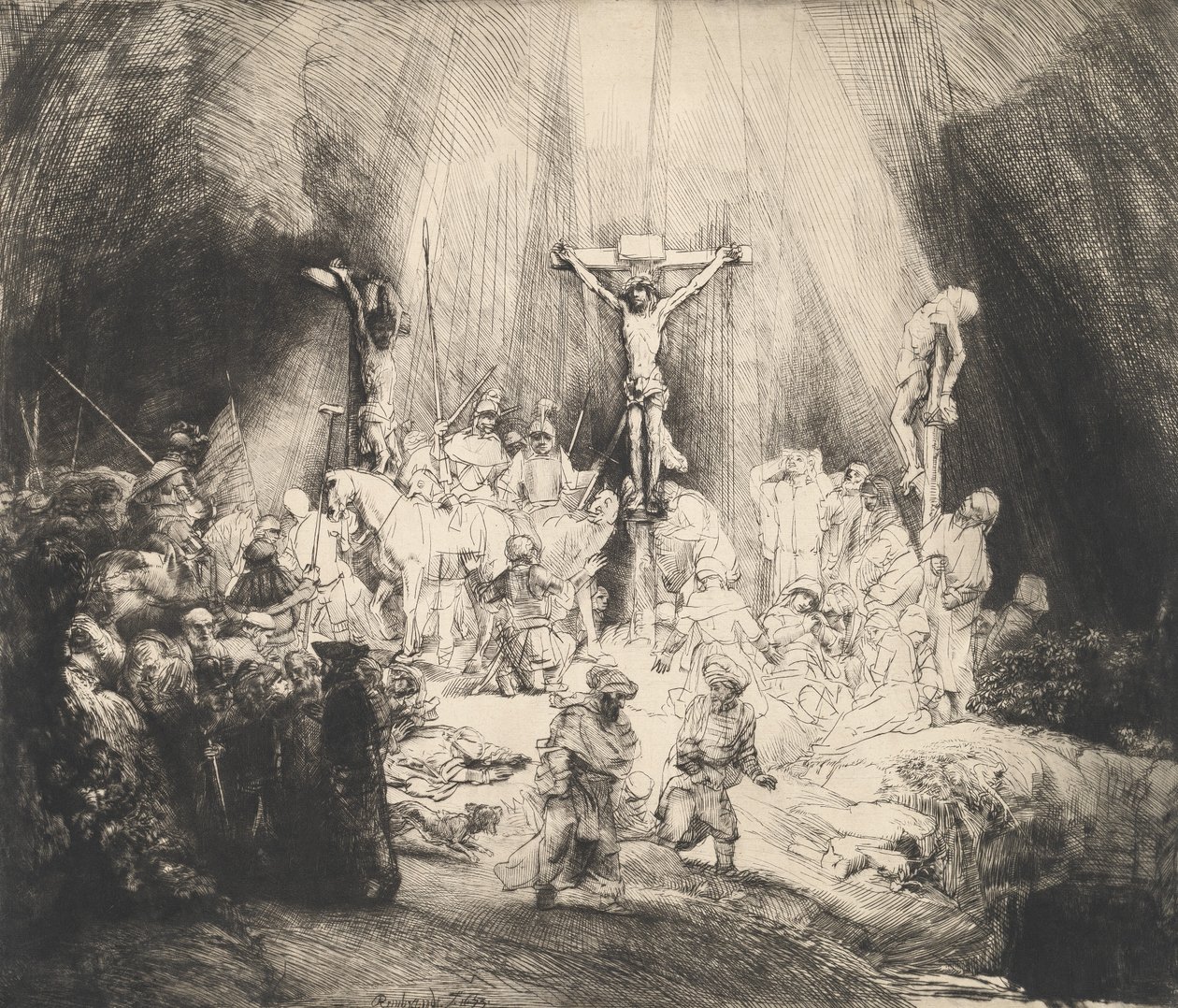 Chrystus ukrzyżowany między dwoma złodziejami Trzy krzyże, 1653. autorstwa Rembrandt van Rijn