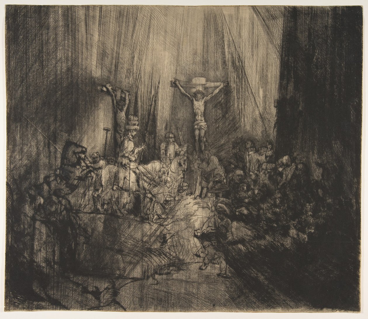 Chrystus ukrzyżowany między dwoma złodziejami: trzy krzyże, ca. 1660. autorstwa Rembrandt van Rijn