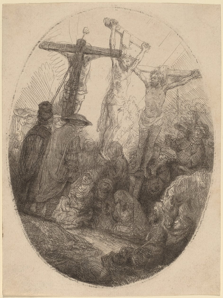 Chrystus ukrzyżowany między dwoma złodziejami: owalny talerz autorstwa Rembrandt van Rijn