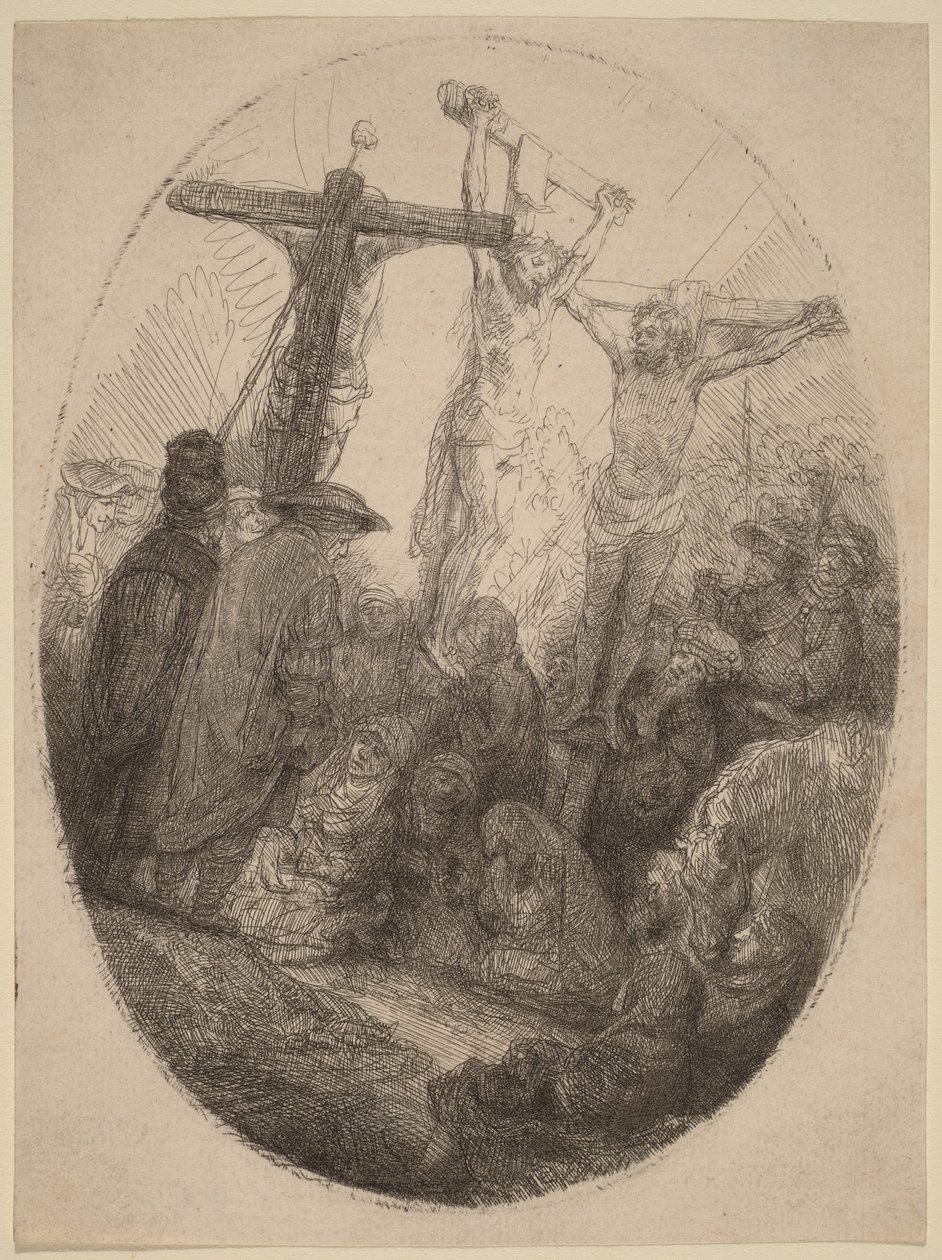 Chrystus ukrzyżowany między dwoma złoczyńcami: owalna tablica autorstwa Rembrandt van Rijn