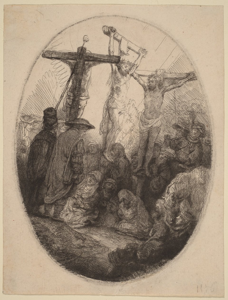 Chrystus ukrzyżowany między dwoma złoczyńcami: owalna płytka autorstwa Rembrandt van Rijn