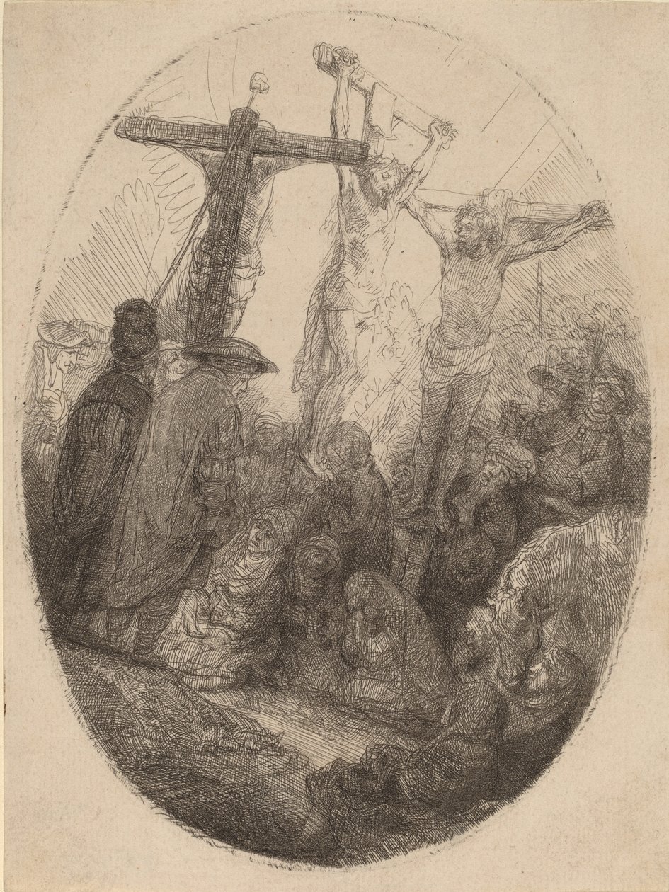 Chrystus ukrzyżowany między dwojgiem złodziei: owalna płyta, c. 1641. autorstwa Rembrandt van Rijn