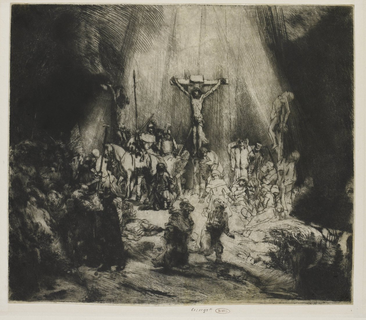 Chrystus ukrzyżowany między dwoma złodziejami: „Trzy krzyże” autorstwa Rembrandt van Rijn