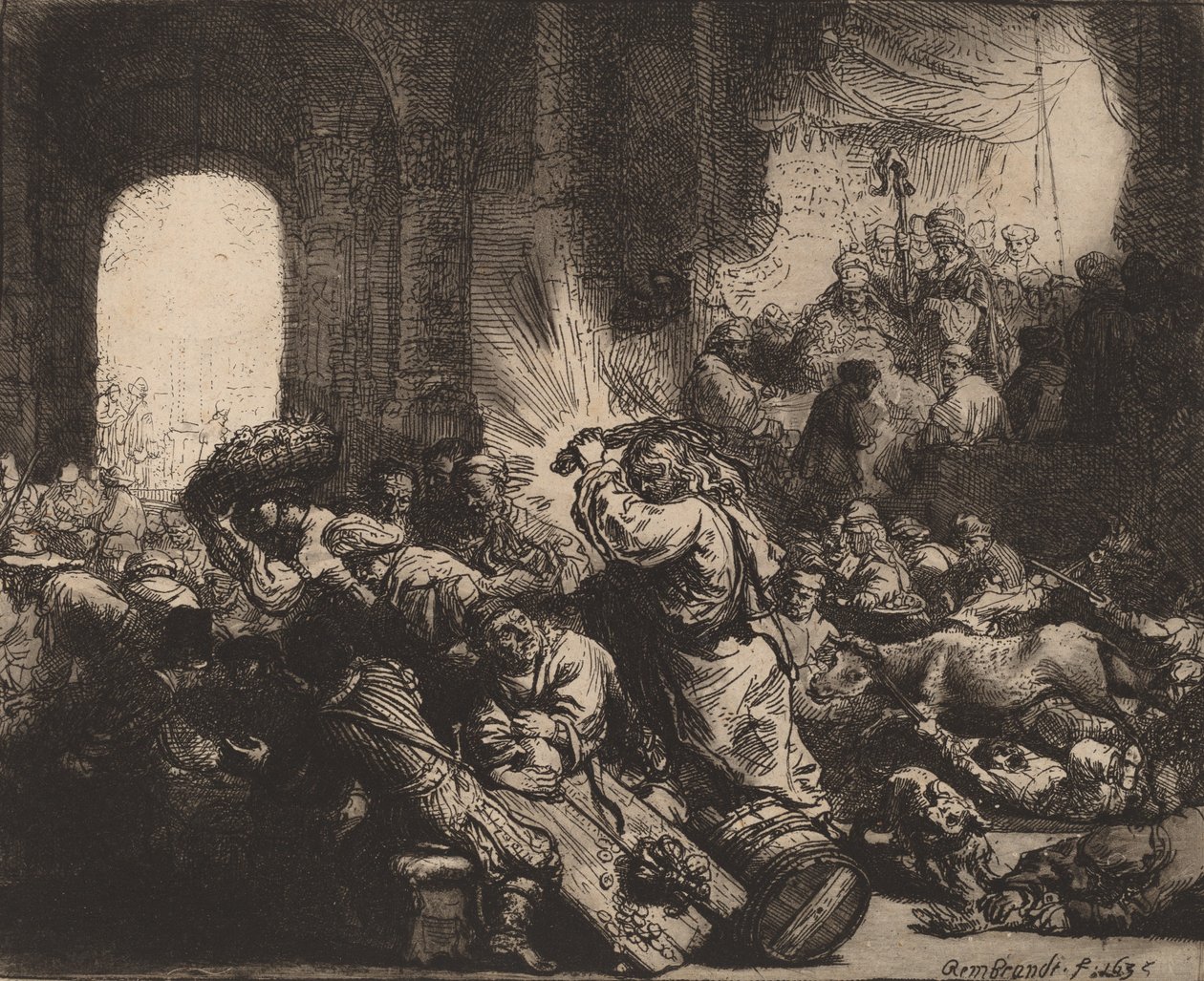 Chrystus wyprowadza wymieniających pieniądze ze świątyni, 1635. autorstwa Rembrandt van Rijn