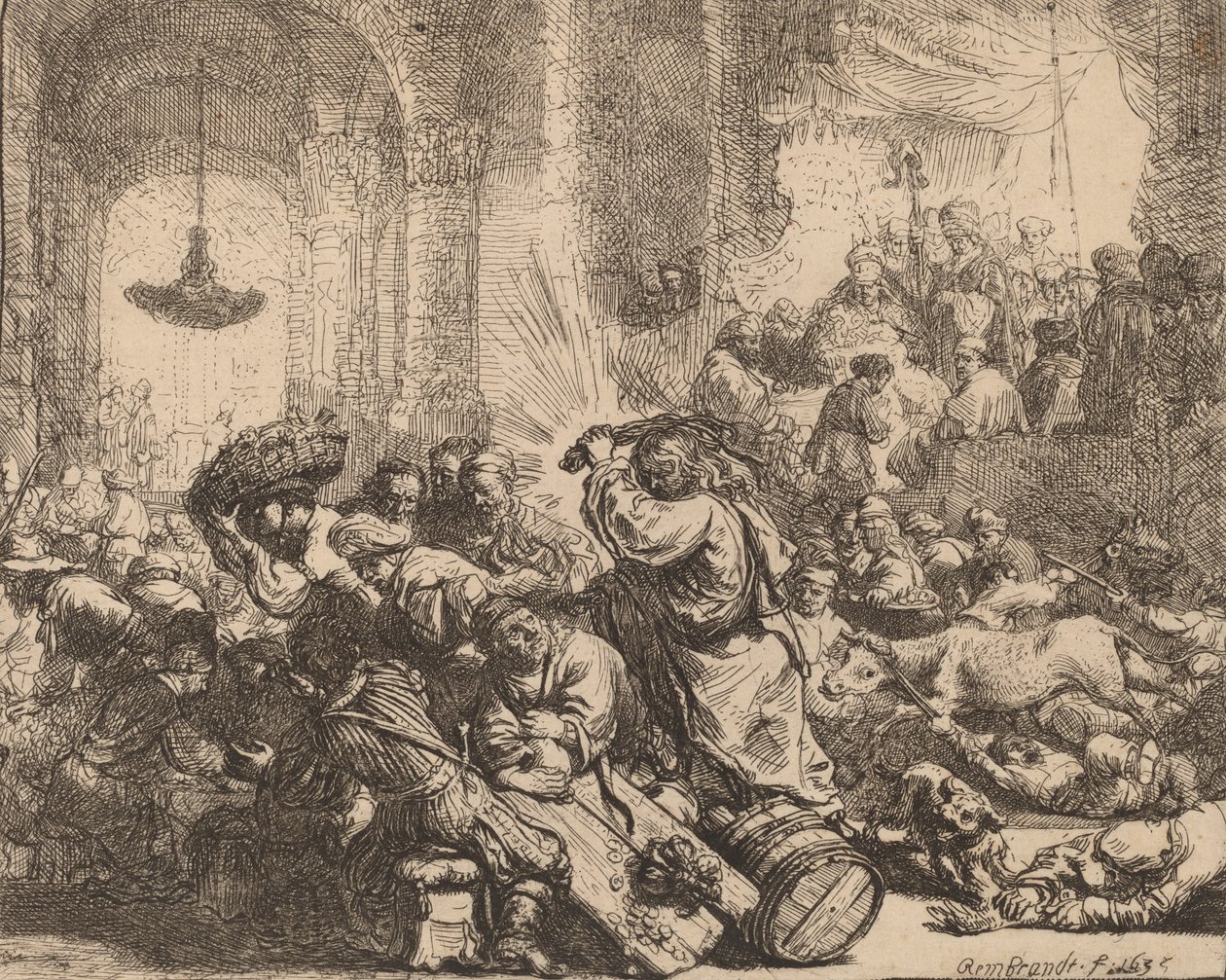 Chrystus wyprowadza wymieniających pieniądze ze świątyni, 1635. autorstwa Rembrandt van Rijn