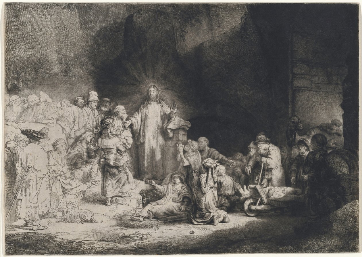 „Chrystus głoszący kazanie” (rycina „Sto guldenów”) autorstwa Rembrandt van Rijn