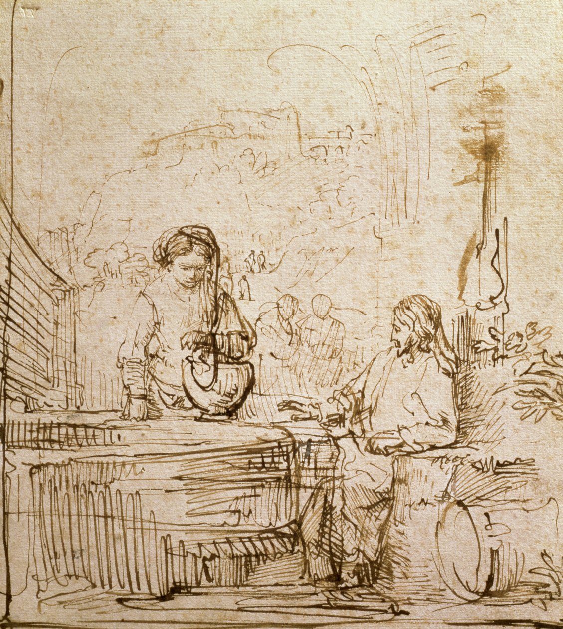 Chrystus i Kobieta z Samarii (pióro i brązowy tusz na papierze) autorstwa Rembrandt van Rijn