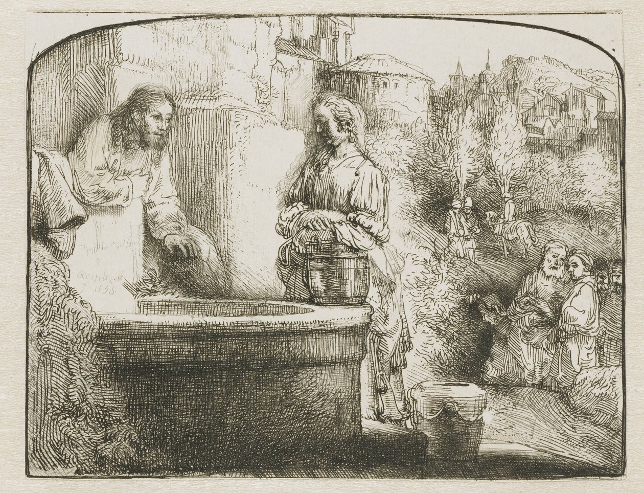 Chrystus i niewiasta Samarii: rycina łukowata autorstwa Rembrandt van Rijn