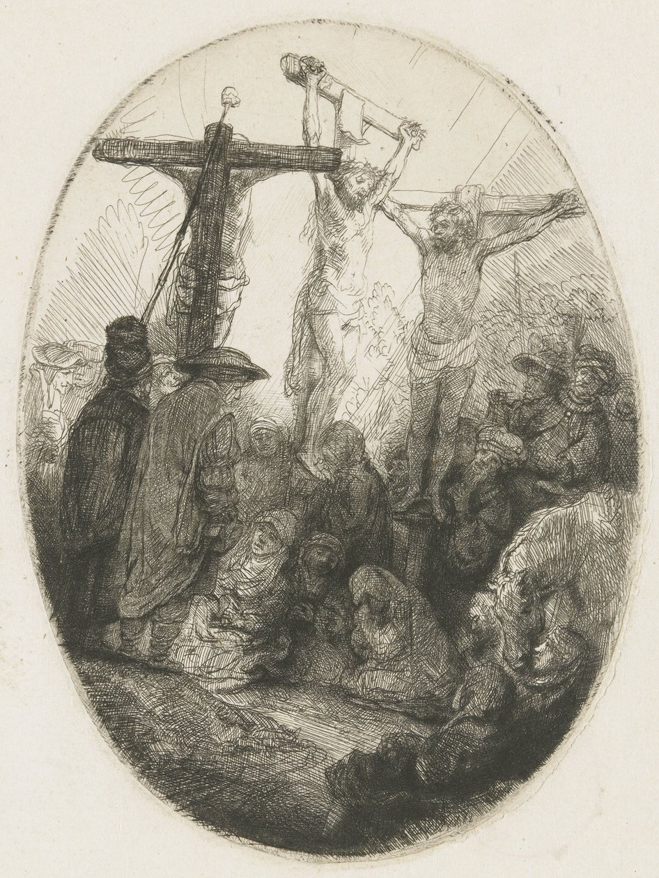 Chrystus ukrzyżowany między dwoma złodziejami: owalny talerz autorstwa Rembrandt van Rijn