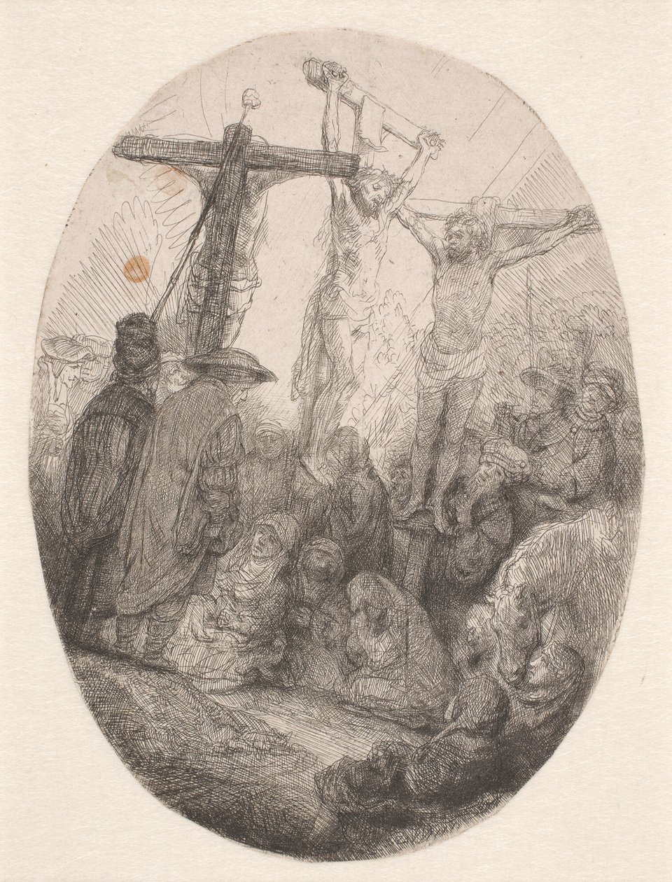 Chrystus ukrzyżowany między dwoma złoczyńcami: owalna tabliczka autorstwa Rembrandt van Rijn