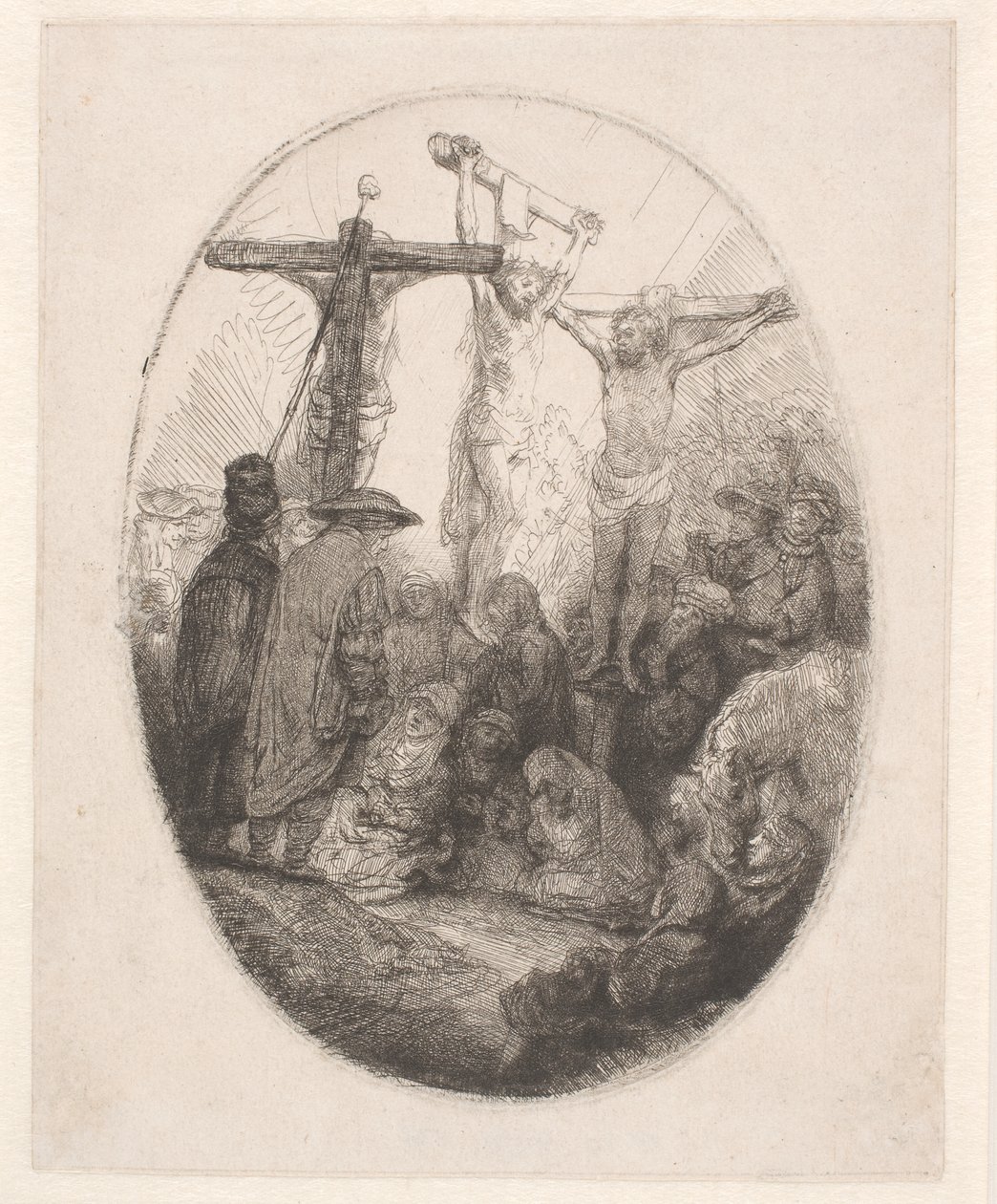 Chrystus ukrzyżowany między dwoma złoczyńcami: owalna tablica autorstwa Rembrandt van Rijn