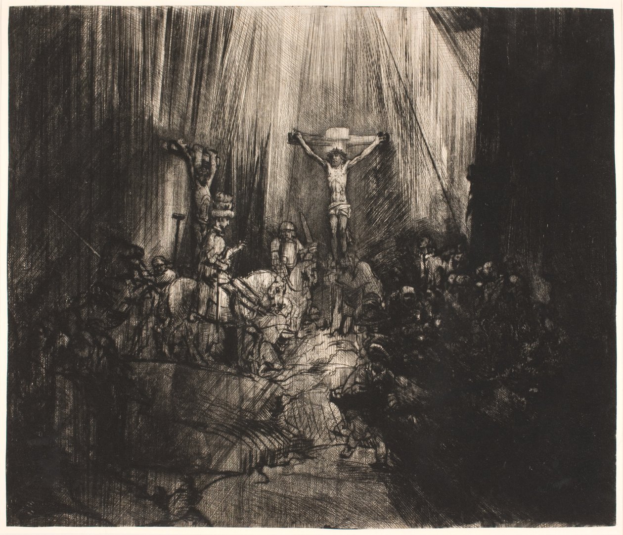 Chrystus ukrzyżowany między dwoma złodziejami: duża podłużna płyta („Trzy Krzyże”) autorstwa Rembrandt van Rijn