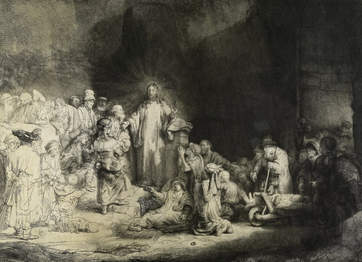 Chrystus uzdrawiający chorych: "Druk stugramowy", ok. 1649 (akwaforta, suchy punkt i rycina) autorstwa Rembrandt van Rijn