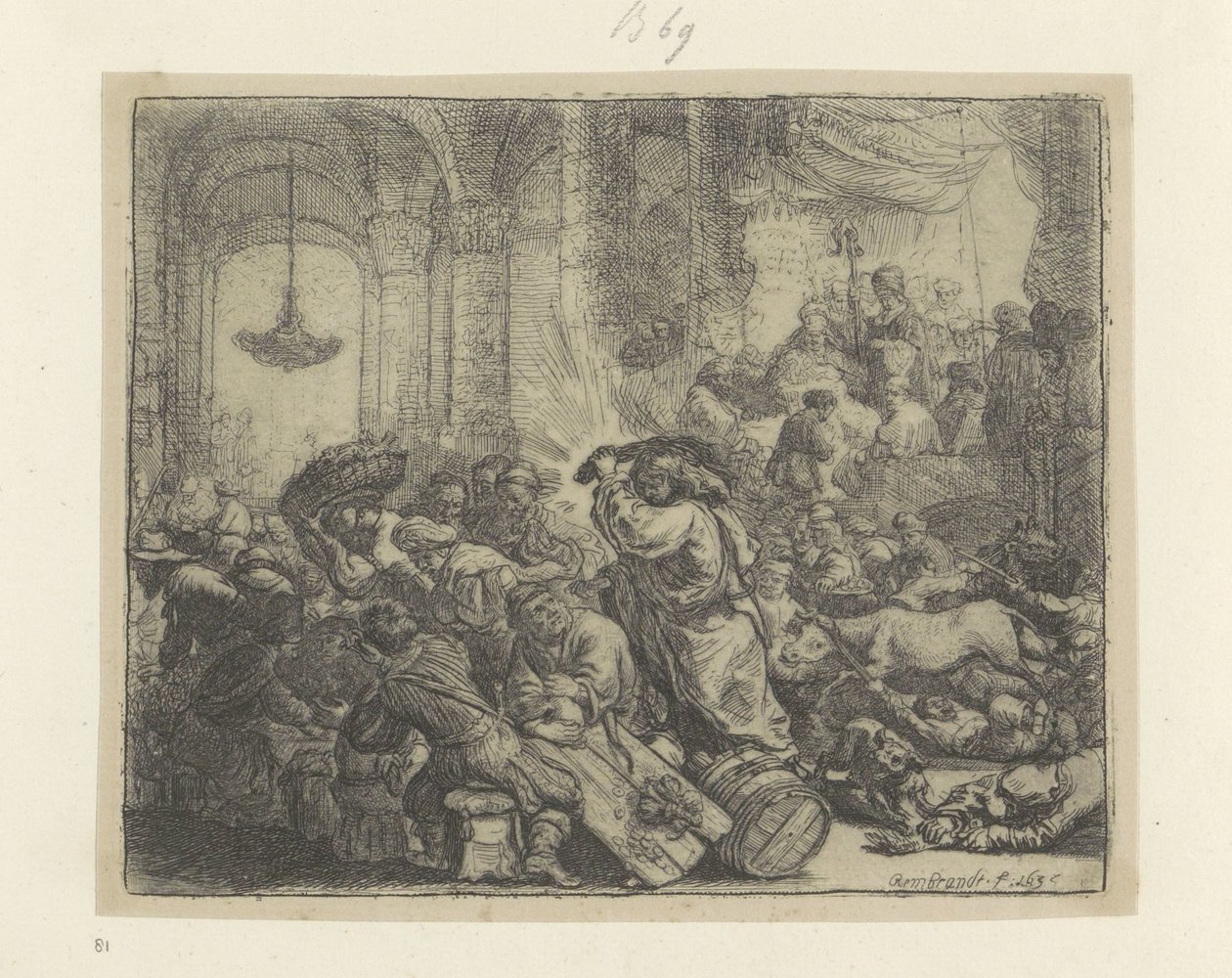 Chrystus wypędza wymieniających pieniądze ze świątyni Recueil de quatre-vingt-cinq estampes originales (tytuł serii) autorstwa Rembrandt van Rijn