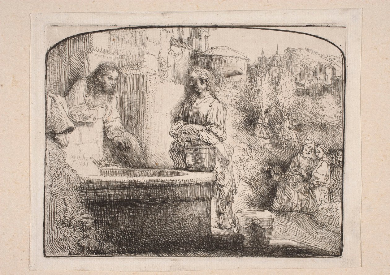 Chrystus i Samarytanka (Kompozycja zamknięta u góry łukiem) autorstwa Rembrandt van Rijn