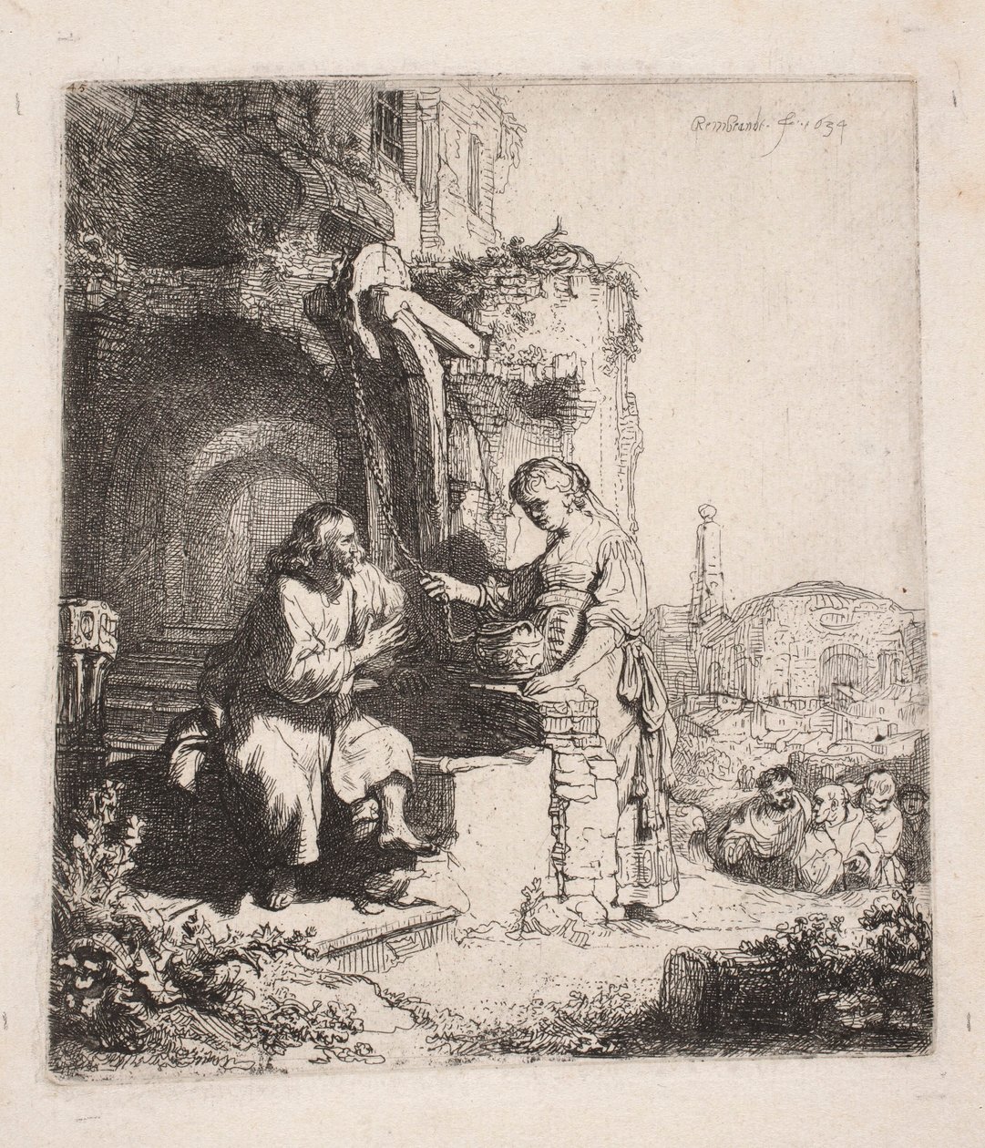 Chrystus i Samarytanka wśród ruin (rycina pionowa) autorstwa Rembrandt van Rijn