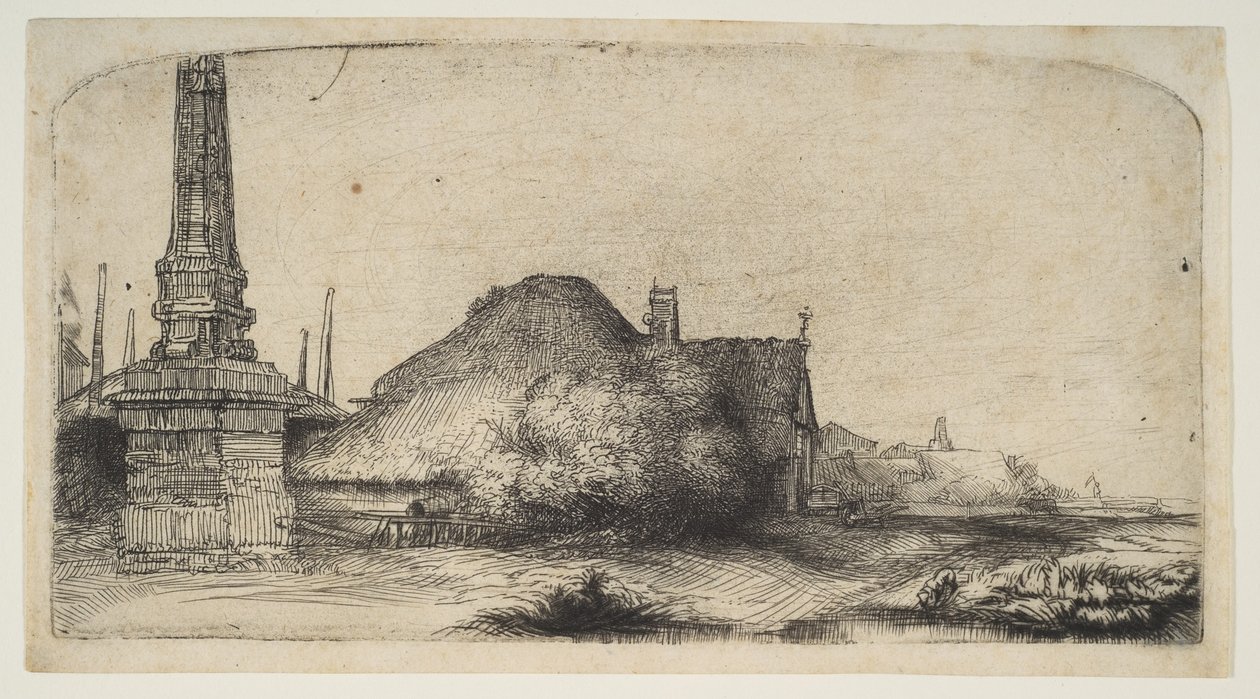 Chata i słup graniczny na Spaarndammerdijk LObelisque, ca. 1650. autorstwa Rembrandt van Rijn