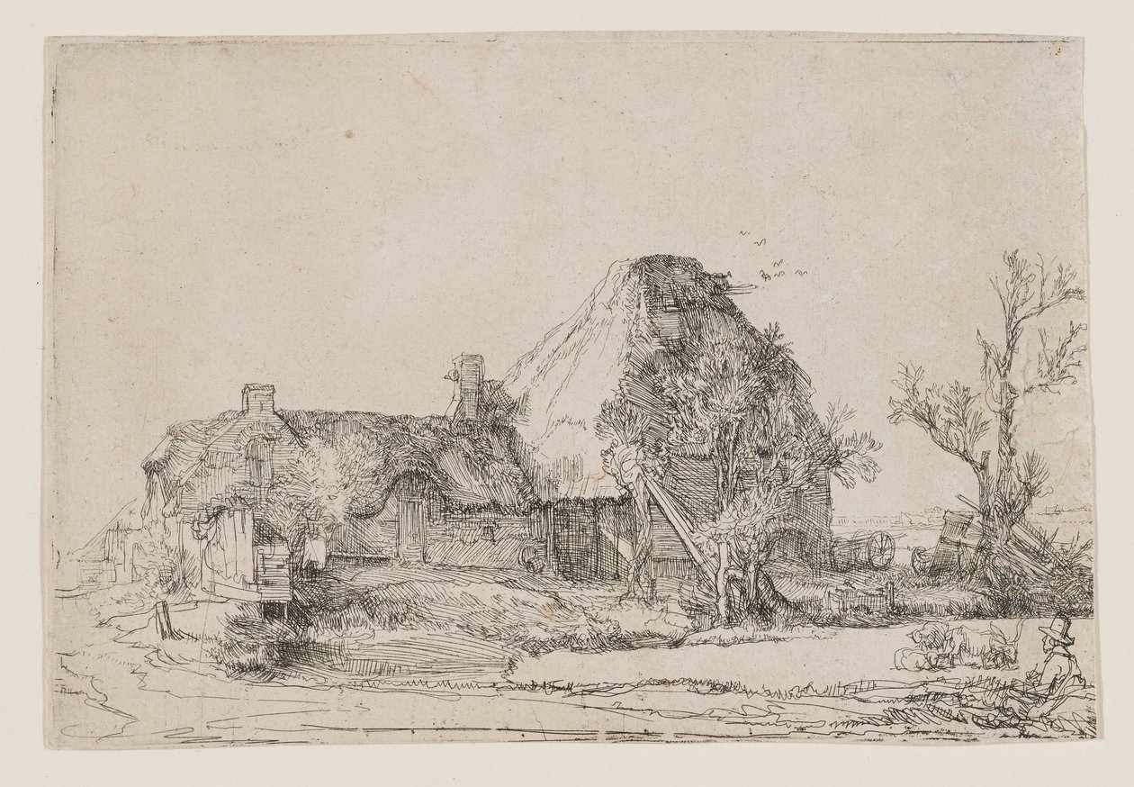 Domek wiejski i budynki gospodarcze z rysującym mężczyzną autorstwa Rembrandt van Rijn