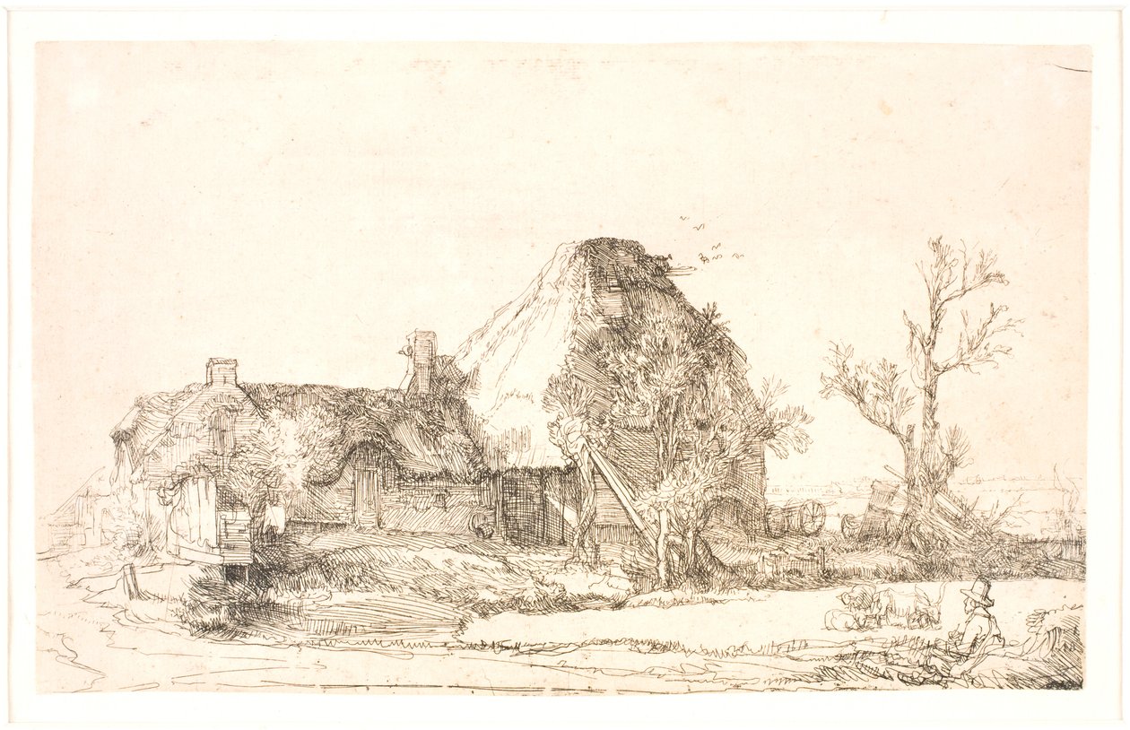 Chata i zabudowania gospodarcze z mężczyzną, który szkicuje autorstwa Rembrandt van Rijn