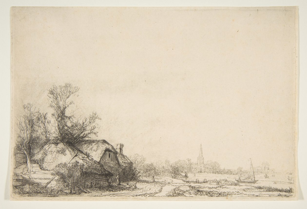 Domek nad kanałem z widokiem na Ouderkerk, ca. 1641. autorstwa Rembrandt van Rijn
