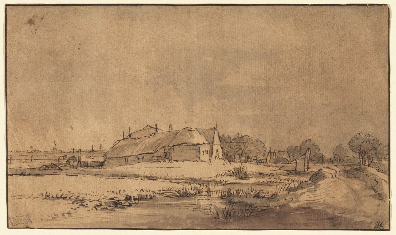 Domki i stodoła przy drodze autorstwa Rembrandt van Rijn