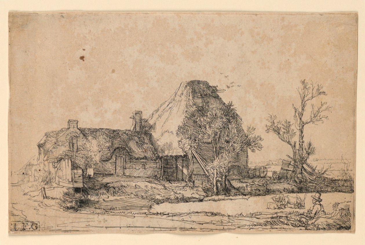 Domki i budynek gospodarczy z mężczyzną szkicującym autorstwa Rembrandt van Rijn