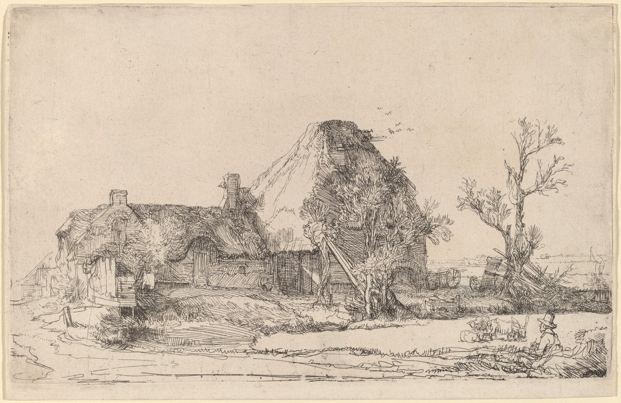 Domki i budynki gospodarcze z mężczyzną szkicującym autorstwa Rembrandt van Rijn
