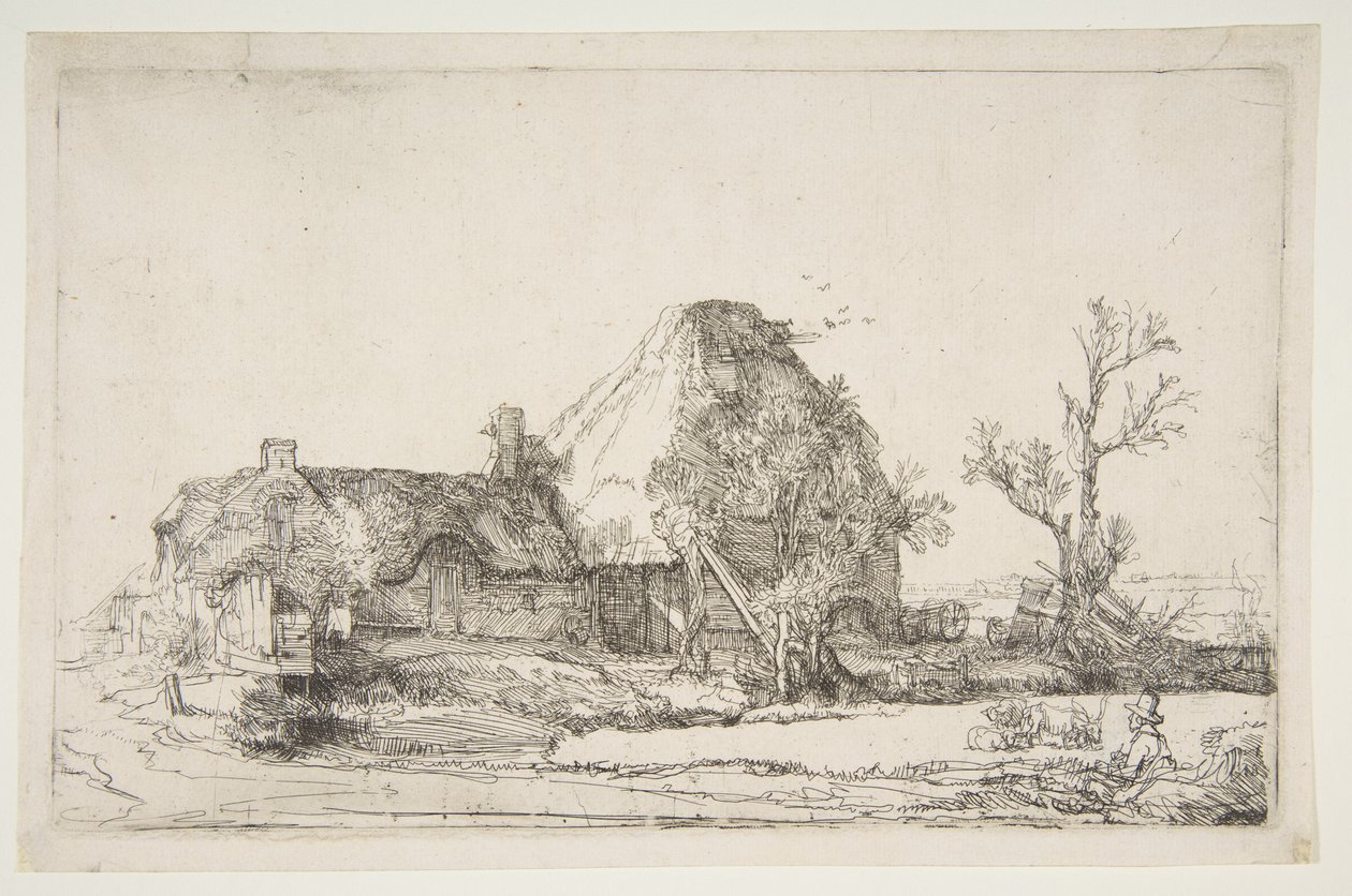Chaty i zabudowania gospodarcze z rysownikiem mężczyzny, ok. godz. 1645. autorstwa Rembrandt van Rijn