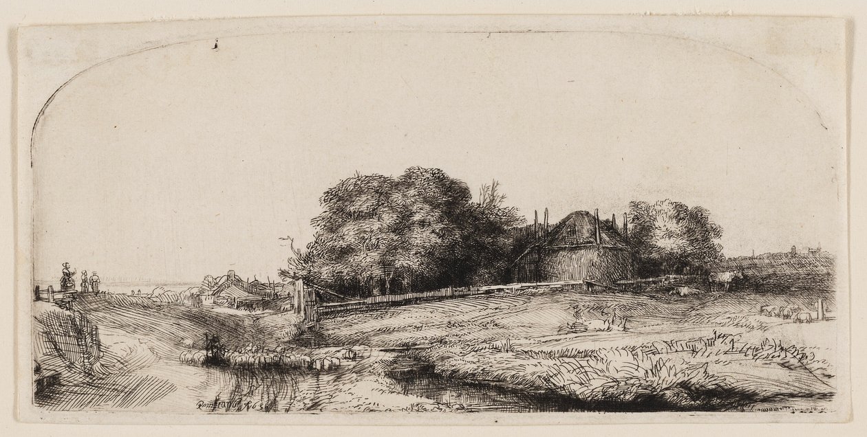 Domki i stodoła na siano na Diemerdijk ze stadem owiec autorstwa Rembrandt van Rijn