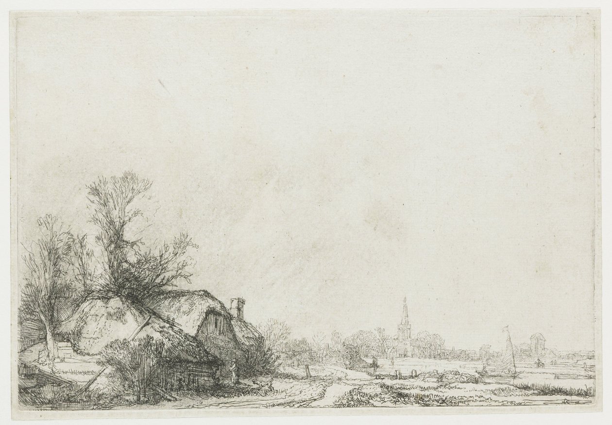 Domki nad kanałem: Widok na Ouderkerk aan de Amstel autorstwa Rembrandt van Rijn
