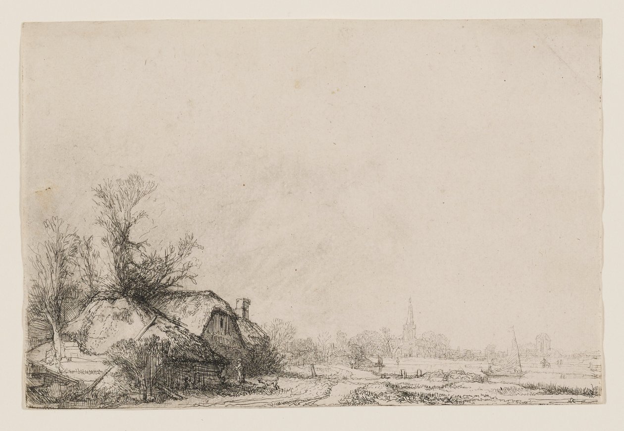 Domki nad kanałem z kościołem i żaglówką autorstwa Rembrandt van Rijn