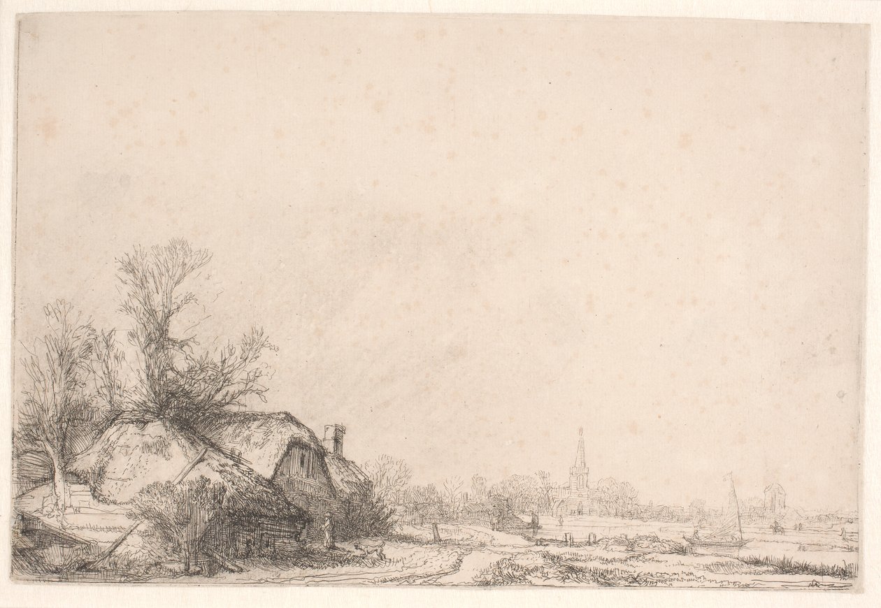 Domki nad kanałem: z kościołem i żaglówką autorstwa Rembrandt van Rijn