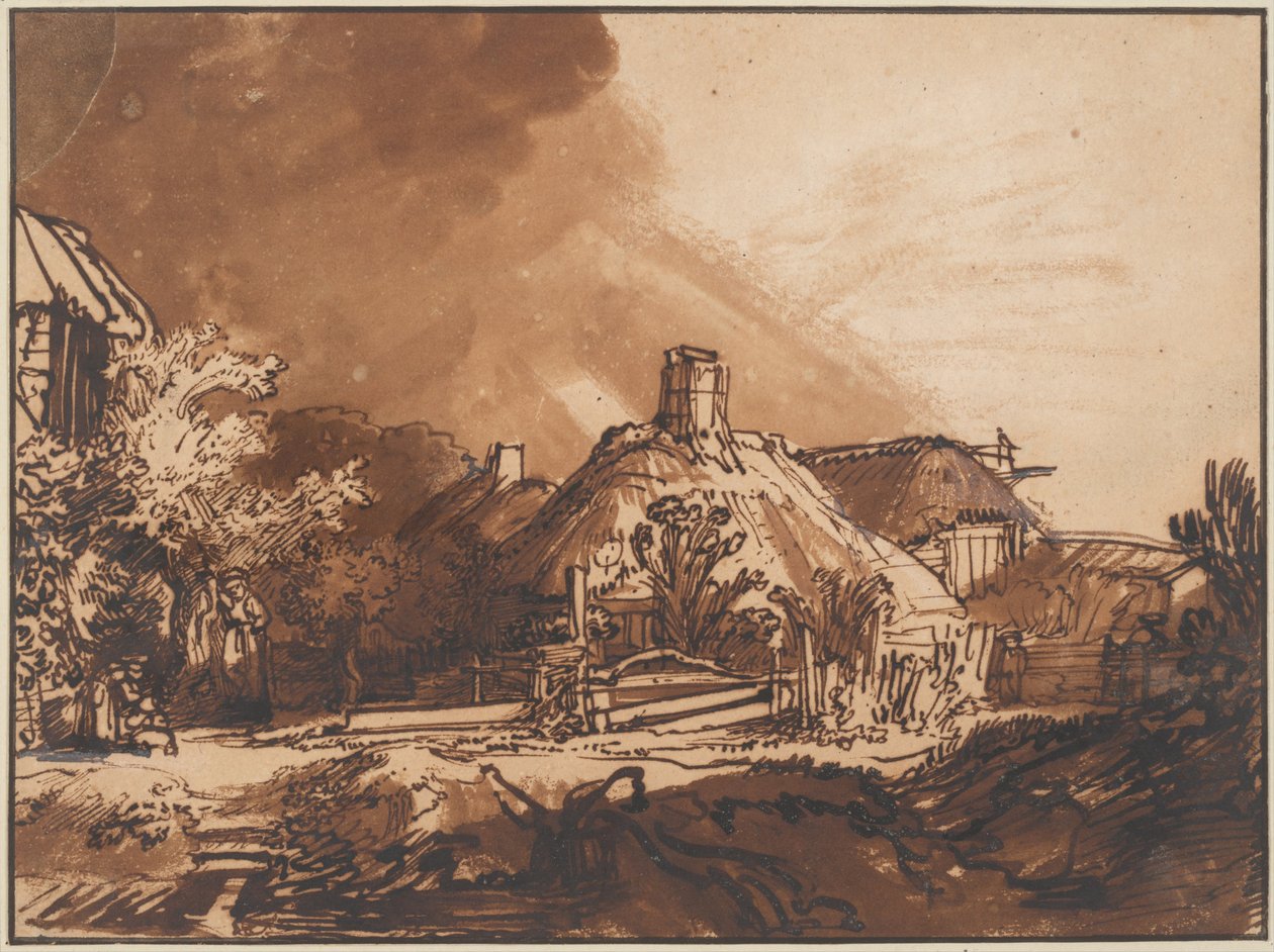 Domki pod wzburzonym niebem, ok. godz. 1640 autorstwa Rembrandt van Rijn