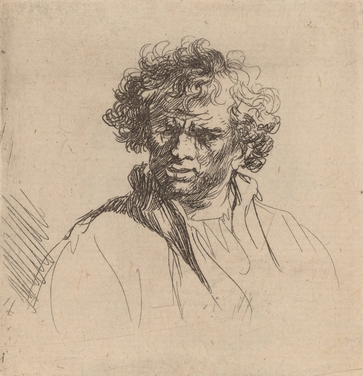Kędzierzawy mężczyzna z krzywymi ustami 1635. autorstwa Rembrandt van Rijn