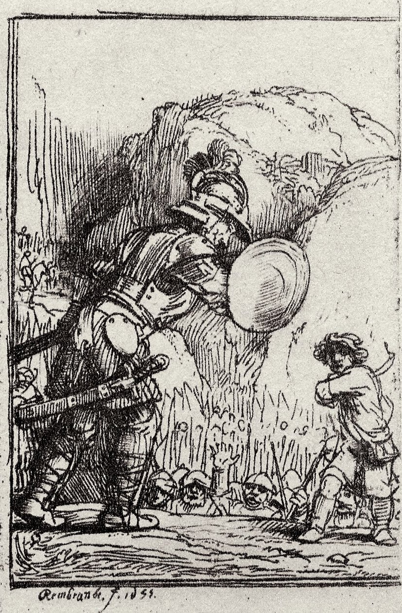 Dawid i Goliat. Ilustracja do Piedra gloriosa autorstwa Menasseha ben Israela autorstwa Rembrandt van Rijn
