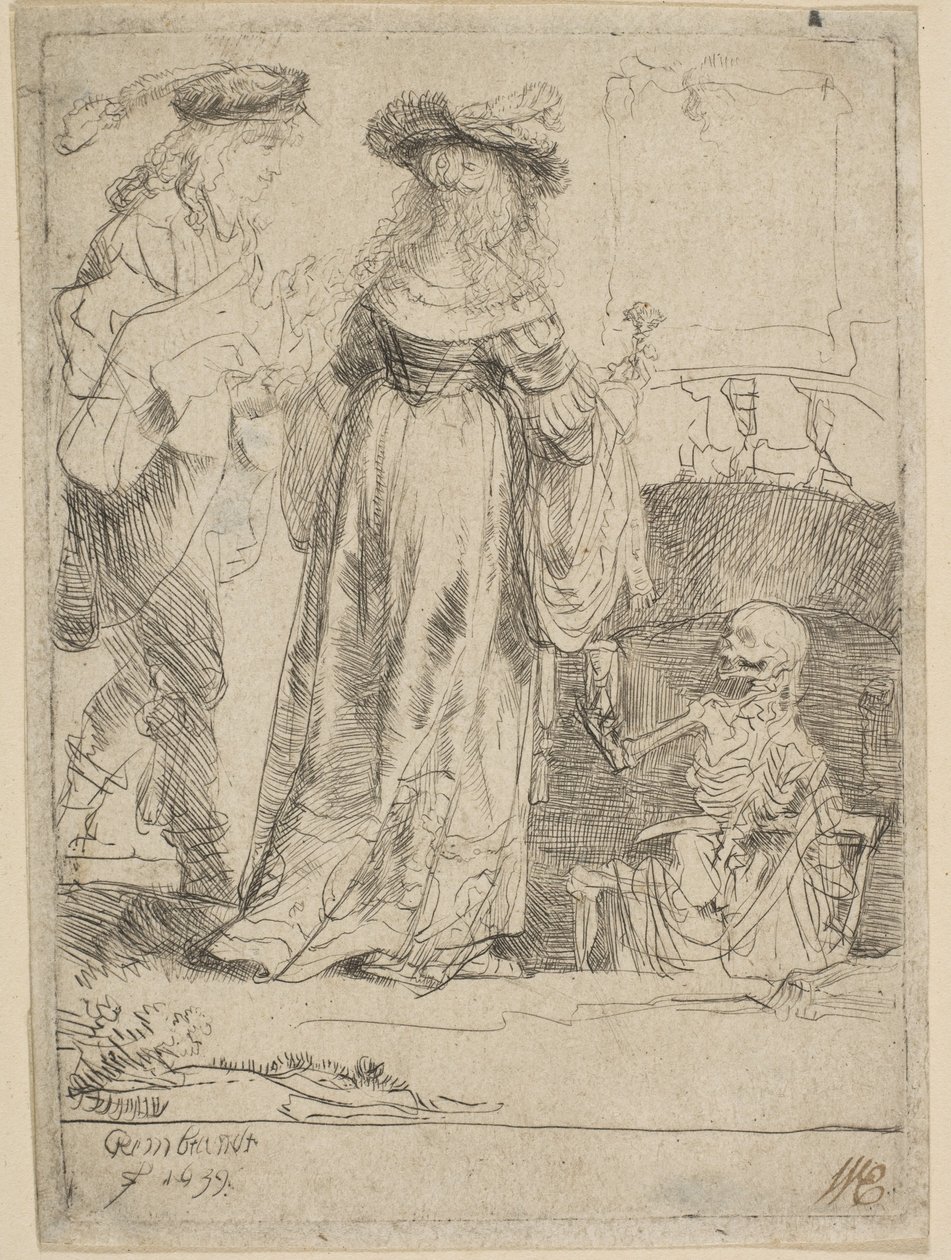 Śmierć ukazująca się małżeństwu z otwartego grobu, 1639. autorstwa Rembrandt van Rijn