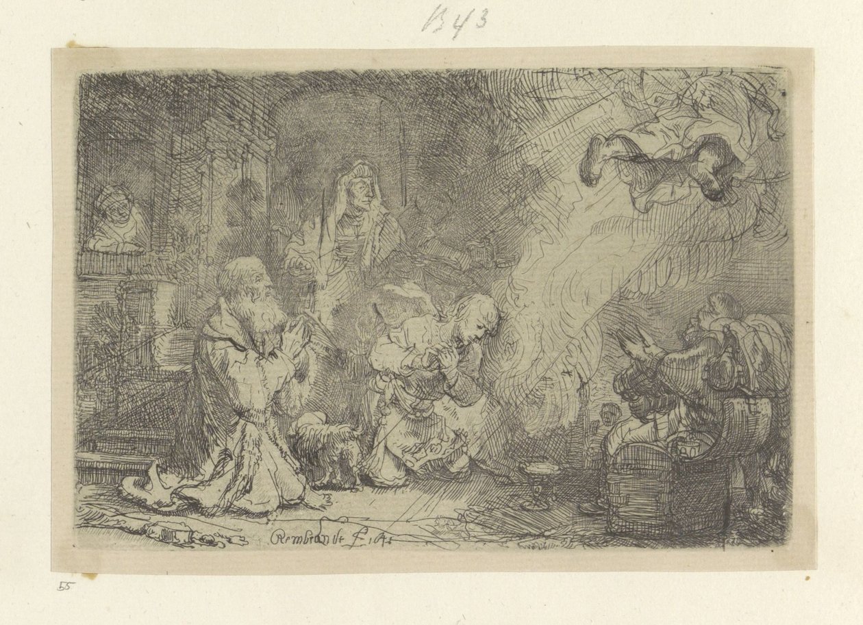 Angel opuszcza Tobiasza i jego rodzinę Recueil de quatre-vingt-cinq estampes originales (tytuł serii) autorstwa Rembrandt van Rijn