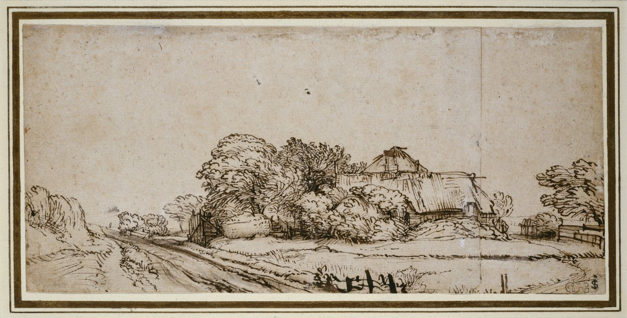 Budynki gospodarcze przy drodze (pióro i brązowy tusz z brązowym lakierem) autorstwa Rembrandt van Rijn