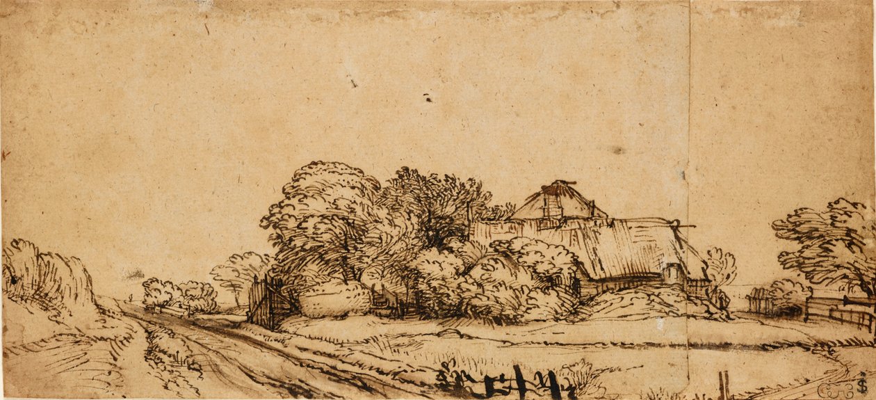 Zabudowania gospodarcze przy drodze, połowa XVII w., autorstwa Rembrandt van Rijn