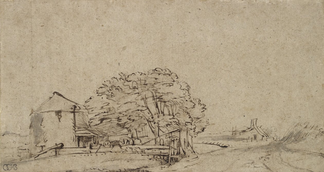 Budynek gospodarczy przy drodze z odległym gospodarstwem, 1650-69 (pióro i brązowy atrament z szarym praniem na papierze) autorstwa Rembrandt van Rijn