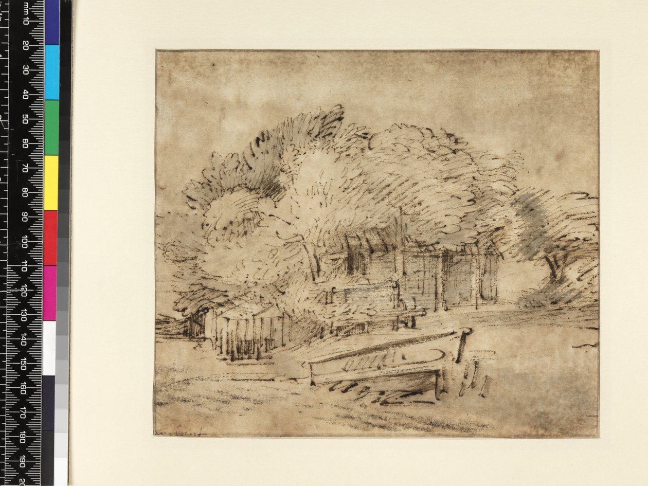Dom wiejski pod drzewami, z kładką, ok. 1650 (pióro i atrament z praniem na papierze) autorstwa Rembrandt van Rijn